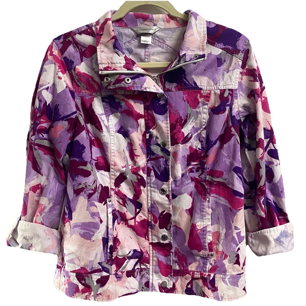Christopher&Banks Womens Denim Jean Jacket Floral Blazer Pink/Purple/White Sz. S
